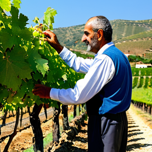 Home 11 A professional, wise Cypriot male viticulturist, fully clothed in modest and appropriate traditional work attire, standing amongst rows of lush grapevines. He is gently inspecting a bunch of ripe grapes with a respectful and dedicated expression, demonstrating a natural pose with well-formed hands and correct proportions. The background features a sun-drenched vineyard in Northern Cyprus with rolling hills under a clear blue sky, conveying the Mediterranean climate. Professional photography, natural lighting, warm colors, safe for work, appropriate content, family-friendly, high quality, realistic.