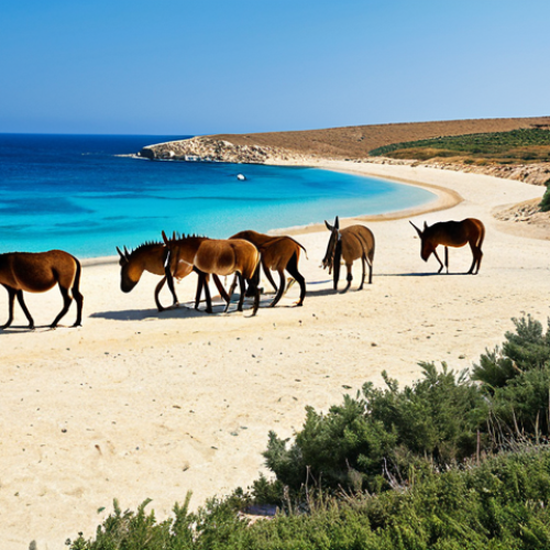 Home 6 A breathtaking panoramic view of Golden Beach on the Karpaz Peninsula, Northern Cyprus. The pristine golden sand meets the crystal-clear turquoise waters of the Mediterranean Sea under a vibrant blue sky. In the mid-ground, a group of iconic wild donkeys, with perfect anatomy and correct proportions, graze peacefully amidst sparse, natural coastal vegetation. The scene evokes a sense of untouched wilderness and serene beauty. Professional nature photography, high quality, stunning natural light, realistic, ultra-detailed. safe for work, appropriate content, family-friendly, modest natural scene.