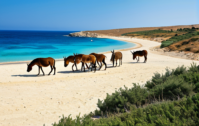 A breathtaking panoramic view of Golden Beach on the Karpaz Peninsula, Northern Cyprus. The pristine golden sand meets the crystal-clear turquoise waters of the Mediterranean Sea under a vibrant blue sky. In the mid-ground, a group of iconic wild donkeys, with perfect anatomy and correct proportions, graze peacefully amidst sparse, natural coastal vegetation. The scene evokes a sense of untouched wilderness and serene beauty. Professional nature photography, high quality, stunning natural light, realistic, ultra-detailed. safe for work, appropriate content, family-friendly, modest natural scene.
