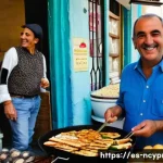 북키프로스 독립 선언 - **Prompt:** A vibrant, bustling street market scene set in the historic Old Town of North Nicosia (L...
