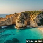 북키프로스 영화 제작 환경 - A breathtaking Mediterranean coastal landscape in Northern Cyprus during golden hour, featuring pris...