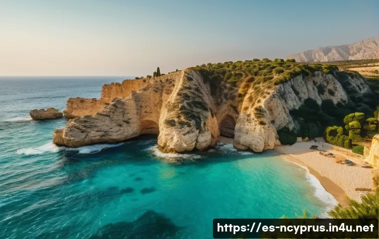 북키프로스 영화 제작 환경 - A breathtaking Mediterranean coastal landscape in Northern Cyprus during golden hour, featuring pris...