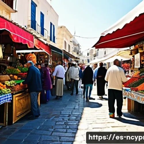 북키프로스 다중 언어 사용 사례 - A vibrant street market scene in Northern Cyprus bustling with local people engaged in daily convers...