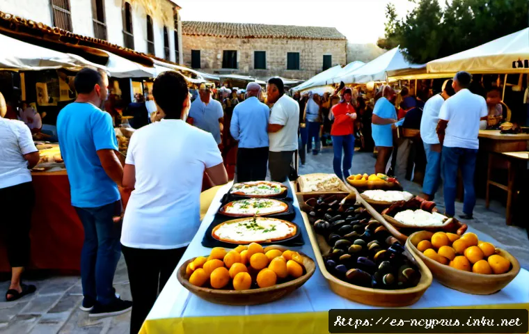 Home 16 북키프로스 음식 축제 - Photorealistic North Cyprus food festival in a sunlit Mediterranean village square, Spanish-speaking...